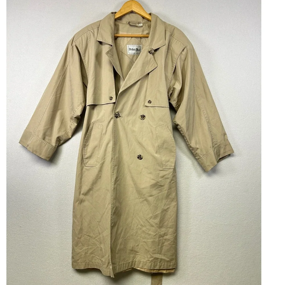 British Mist Classic Tan Double Breasted Trench Coat Belted Full Length Size 910